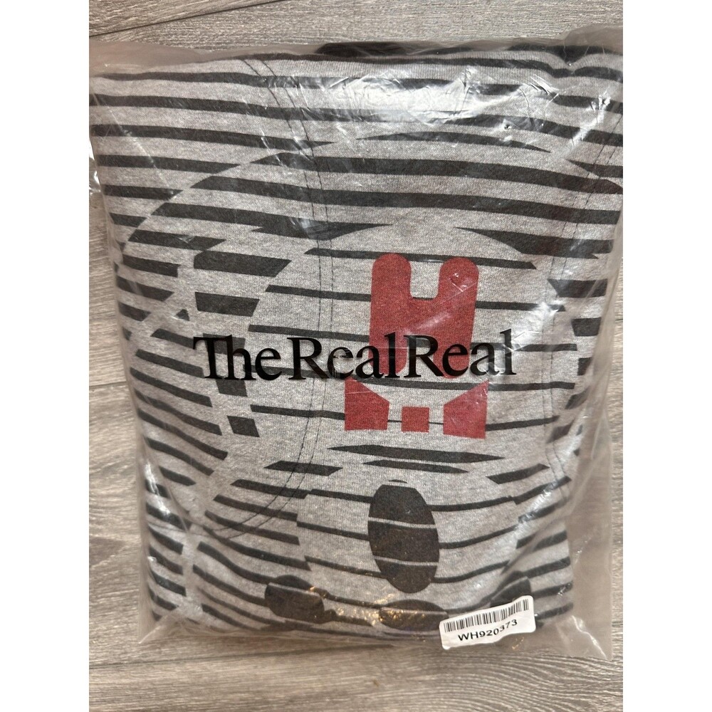 TheRealReal Hoodie Mens Medium Gray Striped Graphic Logo Pullover Sweatshirt